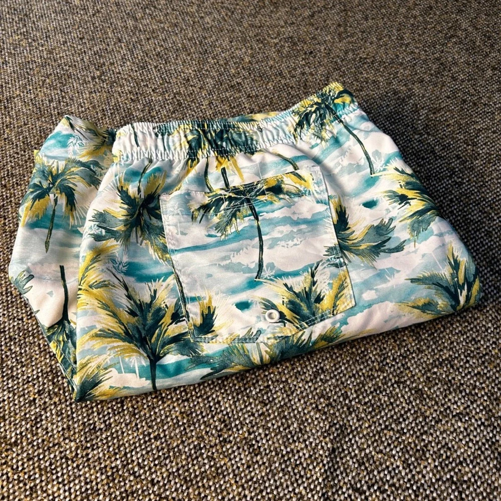 Old Navy Mens‎ XL Tropical Palm Print Swim Trunks Teal Yellow
